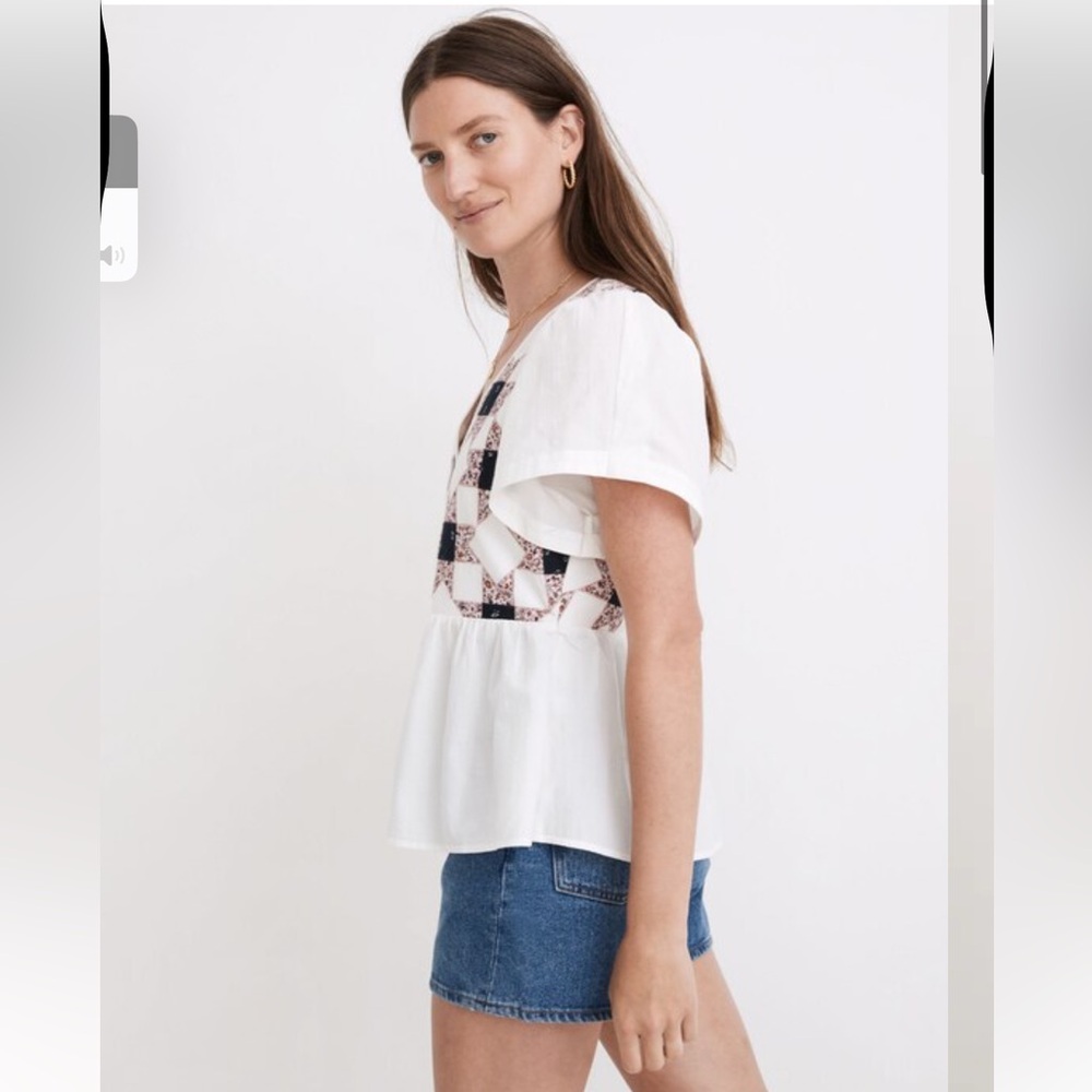 Madewell Flutter - Sleeve Peplum Top in Patchwork Quilted Patterned Blouse - Picture 2 of 11
